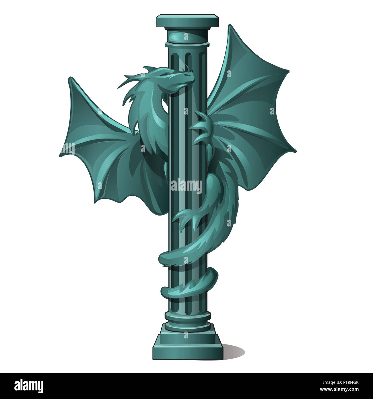 Vintage colonna di pietra decorata con la figura di un drago alato isolati su sfondo bianco. Vector cartoon close-up illustrazione. Illustrazione Vettoriale