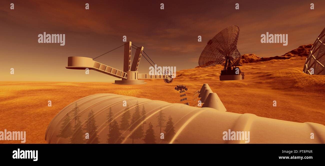 Estremamente realistiche e dettagliate ad alta risoluzione 3d illustrazione di una colonia su Marte come pianeta. Gli elementi di questa immagine sono arredate dalla Nasa. Foto Stock