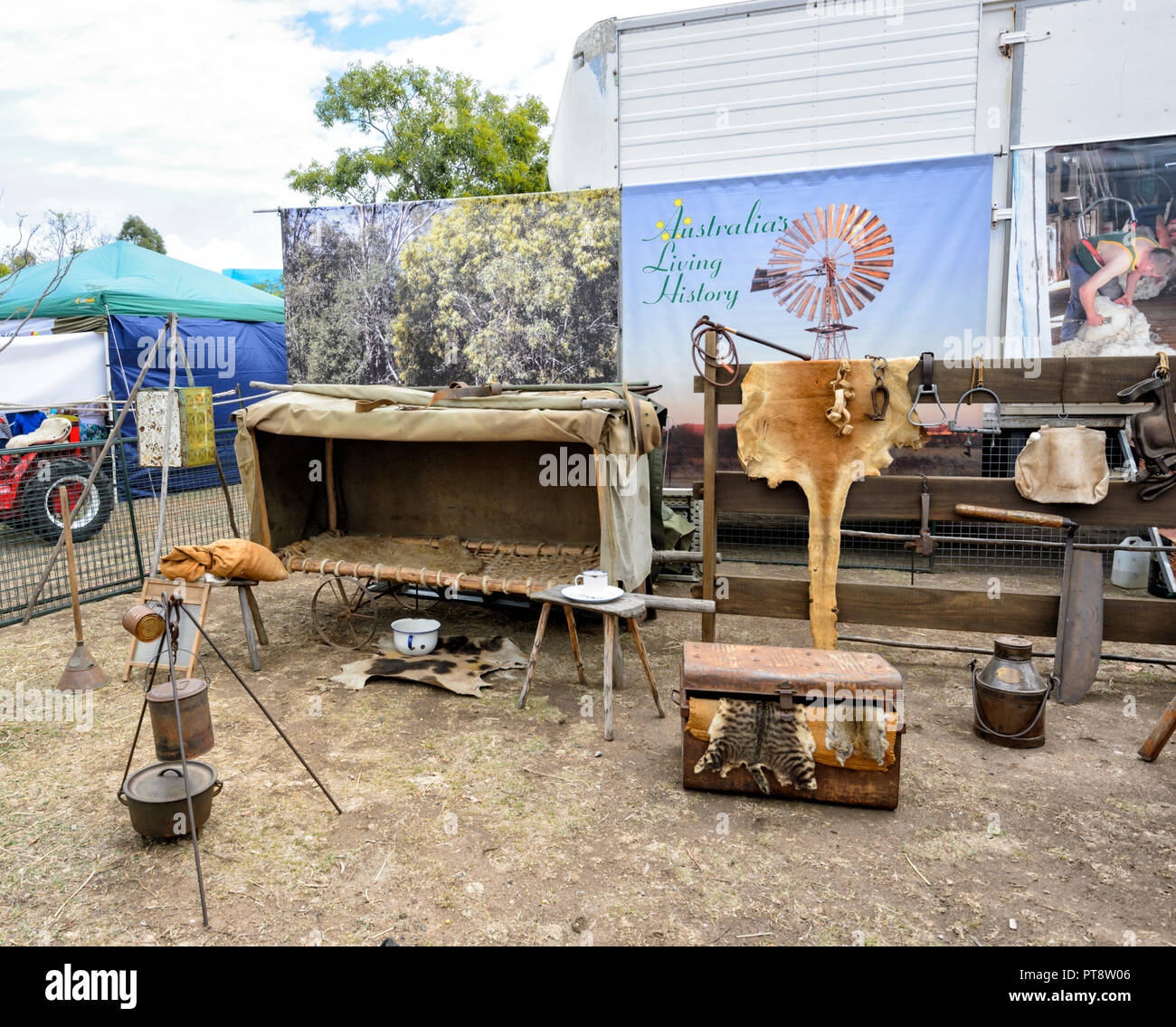 Un pioniere's camp presso l'Australian Camp forno Festival 2018, Millmerran, nei pressi di Toowoomba, Sud del Queensland, QLD, Australia Foto Stock