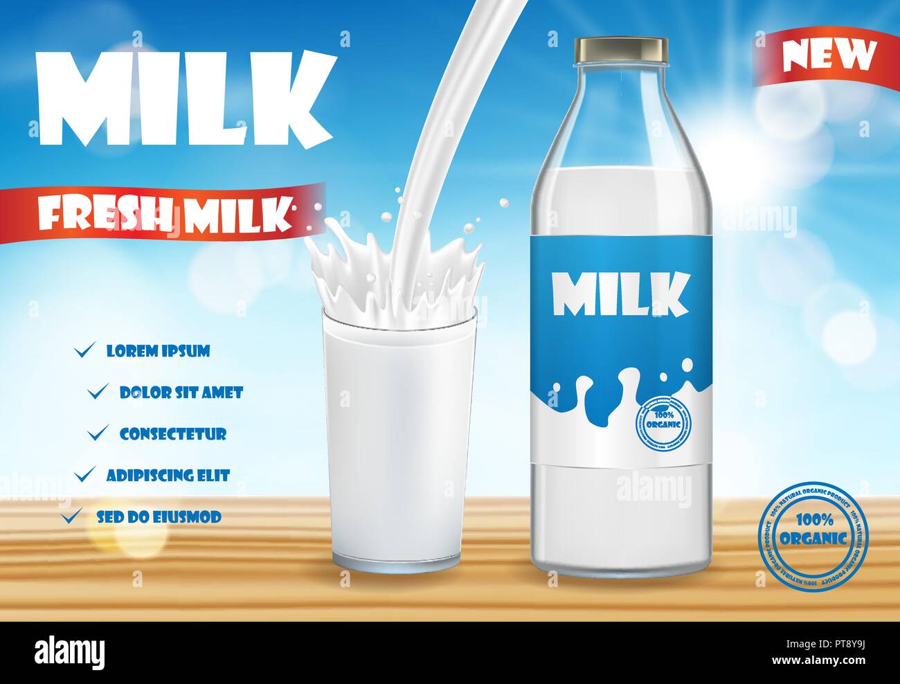 Bottiglia di latte e vetro con splash isolato su sfondo bokeh di fondo su un tavolo di legno. i prodotti lattiero-caseari package design. dairy illustrazione vettoriale Illustrazione Vettoriale