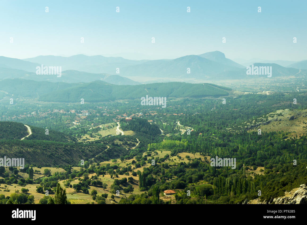 Bella vista delle montagne di nebbia, boschi sempreverdi. Foto Stock