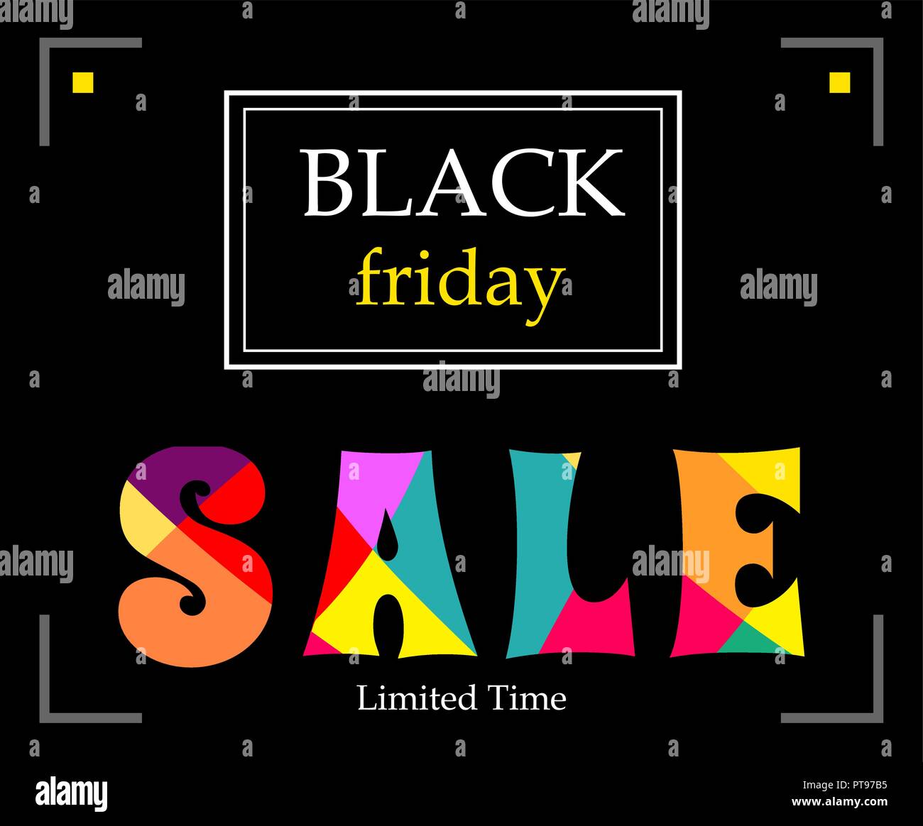 Nero banner orizzontale con testo di vendita Venerdì nero. Con luminosi lettere colorate in vendita. Illustrazione Vettoriale per poster - periodo di tempo limitato. Illustrazione Vettoriale