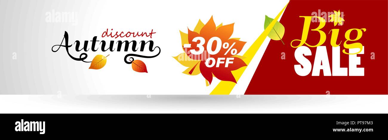 Progettazione di banner luminosi su sfondo bianco. Autunno orizzontale banner. Vendita autunnale 30 off. Illustrazioni vettoriali per volantini, poster, e-mail, annunci, materiale promozionale. Illustrazione Vettoriale