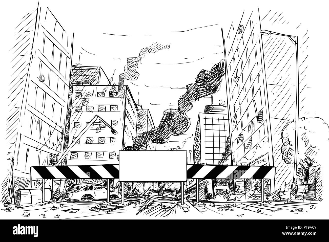 Disegno a mano di strada di città distrutte da guerre o sommossa o di emergenza Illustrazione Vettoriale