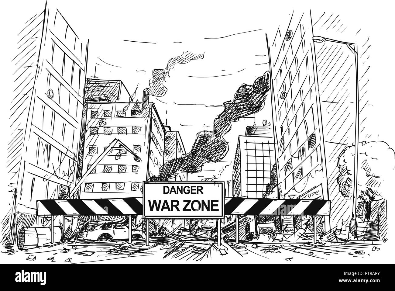 Disegno a mano di strada di città distrutte dalla guerra, strada bloccata dalla zona di guerra segno Illustrazione Vettoriale