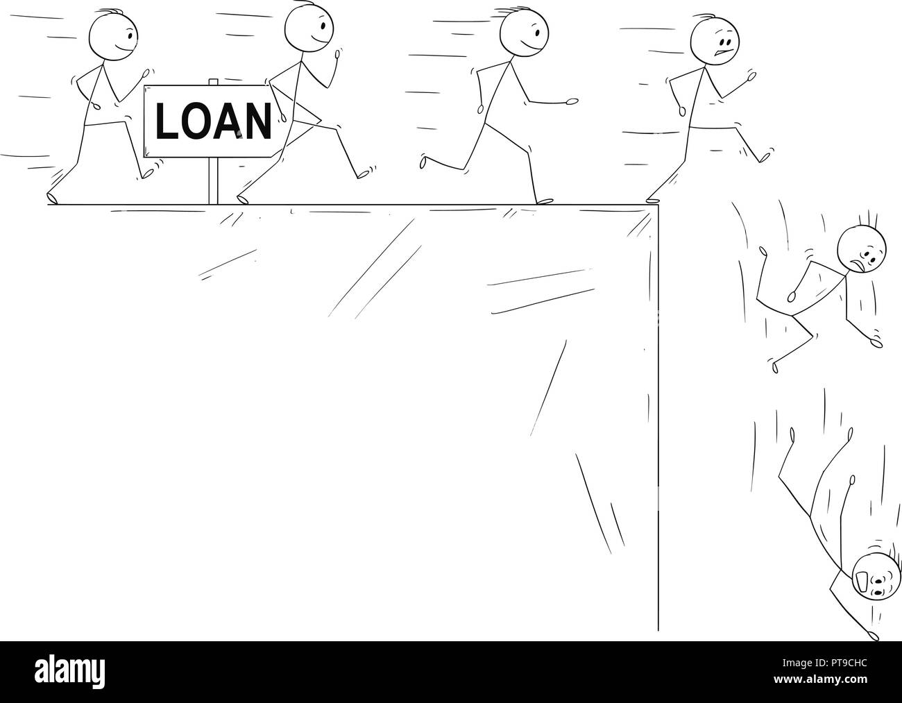 Cartoon concettuale delle persone di prendere a prestito e il disinganno quando non sono in grado di pagare Illustrazione Vettoriale