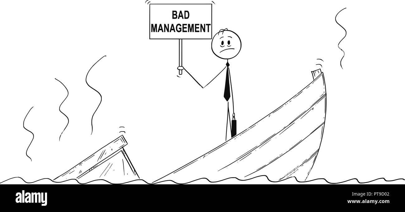 Cartoon di imprenditore Manager in piedi premuto sul naufragio barca con cattivo segno di gestione Illustrazione Vettoriale