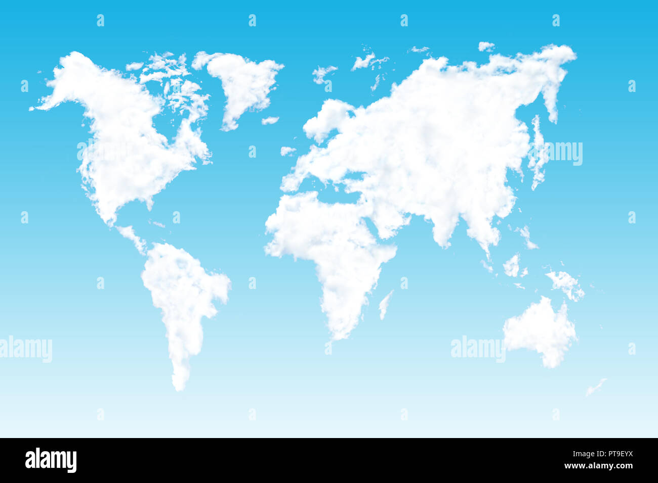 Mappa mondo nuvole sagomate sul gradiente dello sfondo blu Foto Stock