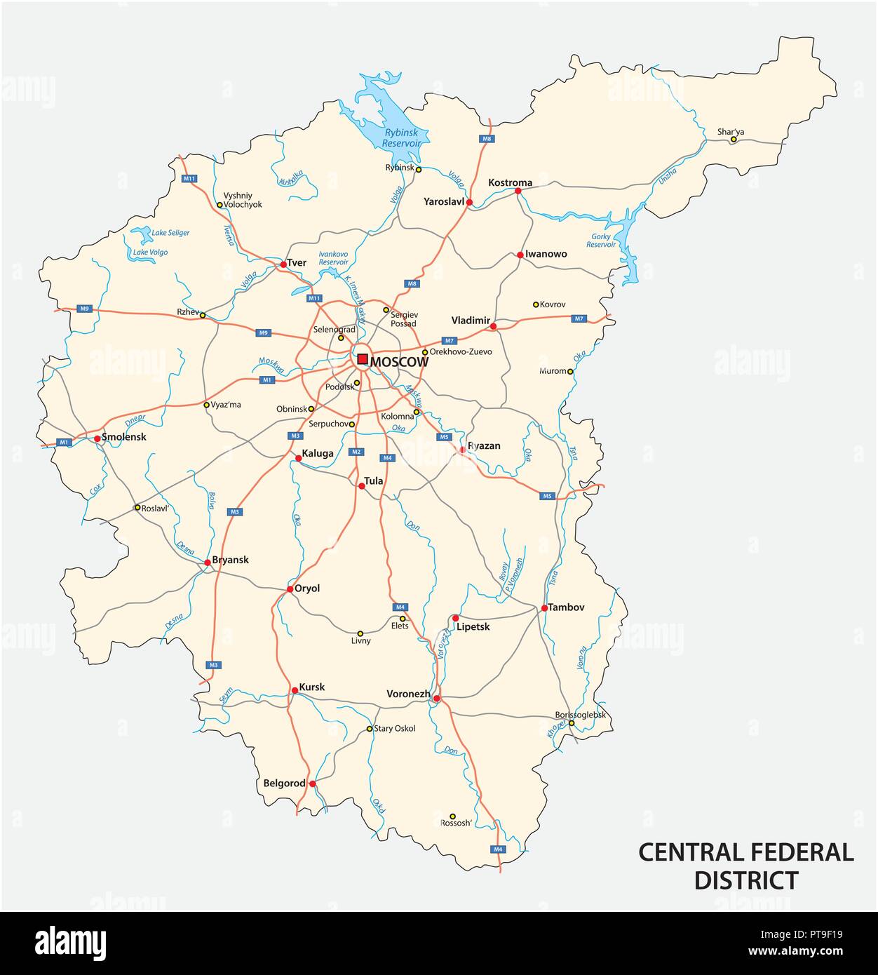 Distretto federale centrale road mappa vettoriale, Russia Illustrazione Vettoriale