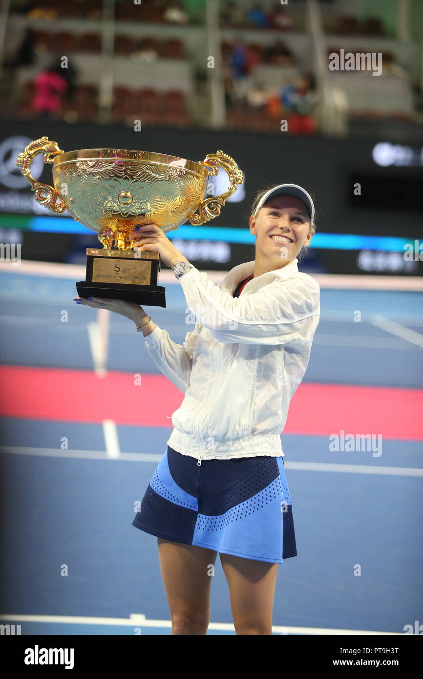 Beijing, Pechino, Cina. 8 Ott, 2018. Pechino, Cina-giocatore di tennis professionista Caroline WOZNIACKI sconfigge Anastasija Sevastova 2-0 e vince la medaglia d'Oro al 2018 CINA aperta, Ottobre 7th, 2018. Credito: SIPA Asia/ZUMA filo/Alamy Live News Foto Stock