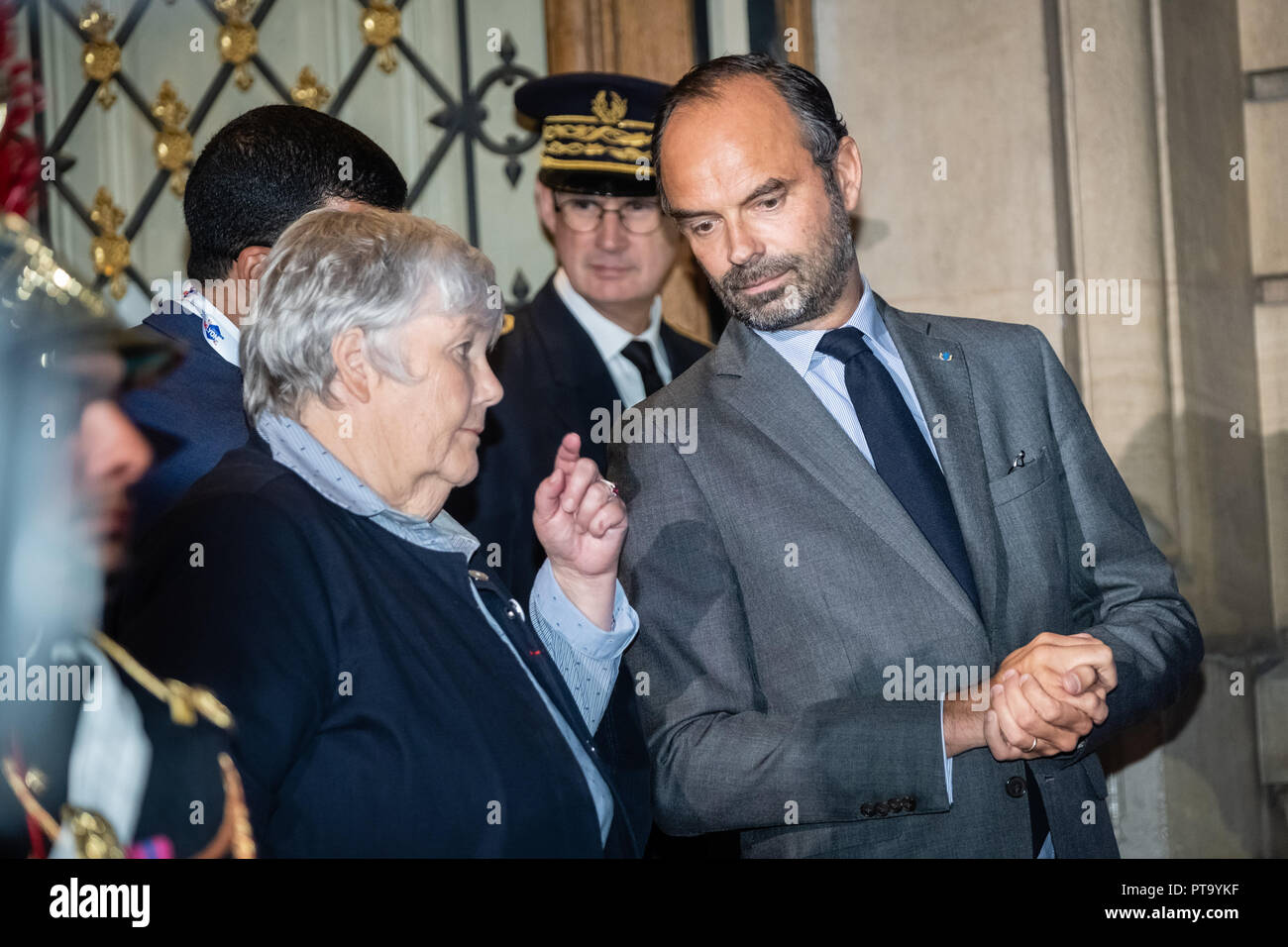 Lione, Francia. 8 Ott 2018. Edouard Philippe, francese il Primo Ministro e il ministro degli Interni e Jacqueline Gourault ministro al ministro di Stato, Ministro degli interni a Rhone Prefettura G6 Riunione a Lione, Francia Credito: FRANCK CHAPOLARD/Alamy Live News Foto Stock