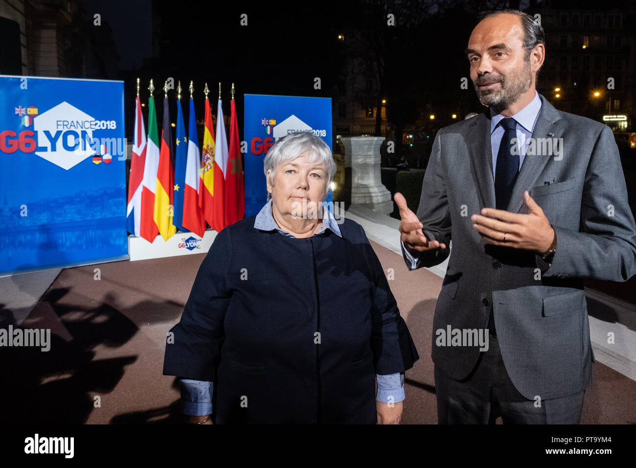Lione, Francia. 8 Ott 2018. Edouard Philippe il Primo Ministro e il ministro francese degli interni e Jacqueline Gourault ministro al ministro di Stato, Ministro degli interni a Rhone Prefettura G6 Riunione a Lione, Francia Credito: FRANCK CHAPOLARD/Alamy Live News Foto Stock