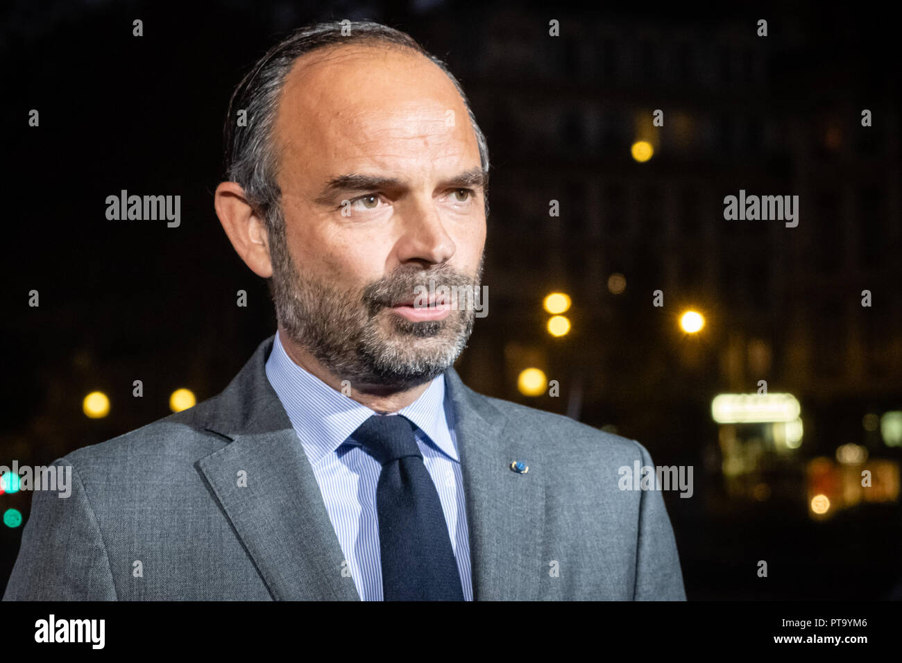 Lione, Francia. 8 Ott 2018. Edouard Philippe il Primo Ministro e il ministro francese degli interni a Rhone Prefettura G6 Riunione a Lione, Francia Credito: FRANCK CHAPOLARD/Alamy Live News Foto Stock