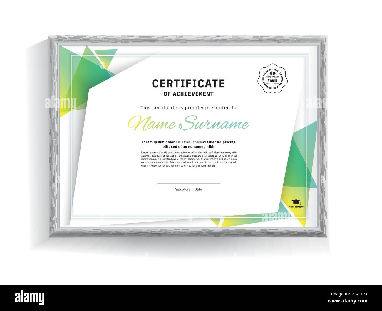 Ufficiale certificato bianco con triangolo verde di elementi di disegno realistico con bordo grigio. Pulire Business design moderno Illustrazione Vettoriale