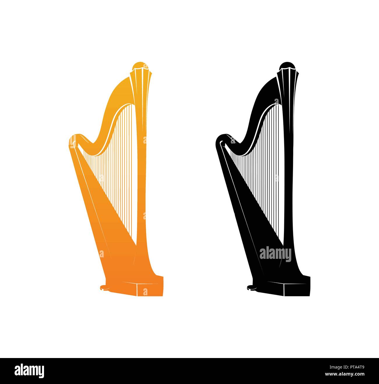 Icone di arpa celtica in oro e colori nero - Orchestra stringhe di strumento musicale in posa verticale. Illustrazione di vettore isolato su bianco backgroun Illustrazione Vettoriale