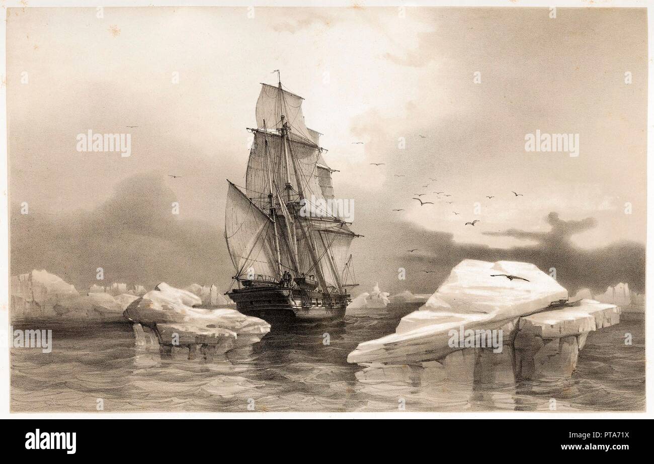 Corvettte La Recherche vicino all Isola di Bear il 7 agosto, 1838 da Voyages en Scandinavie, 1852. Creatore: Francois Auguste Biard (1798 - 1882). Foto Stock