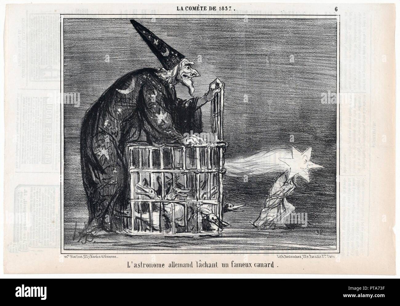 La Comète de 1857, L'astronome allemand lâchant fameux onu canard, da Le Charivari, pub. 1858. Creatore: Honoré Daumier (1808-1879 ). Foto Stock