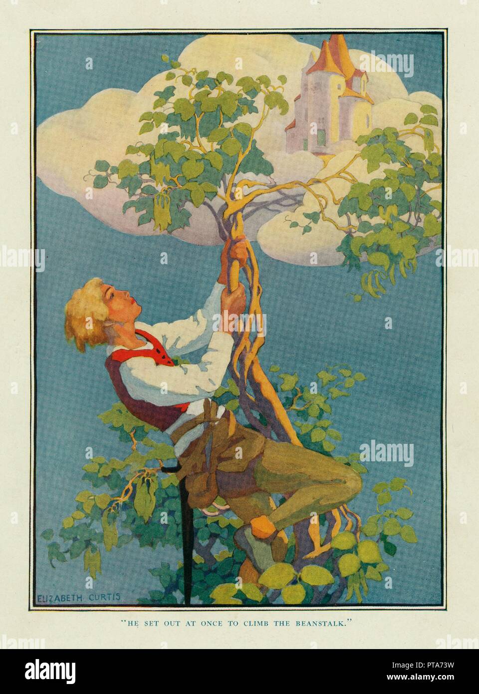 Partì alla volta di scalare la beanstalk, da Stoke's Wonder libro di fiabe, pub. 1917. Creatore: Elizabeth Curtis. Foto Stock