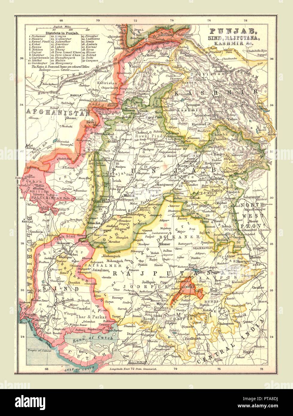 Mappa del Punjab, Sind, Rajputana e Kashmir, 1902. Creatore: sconosciuto. Foto Stock