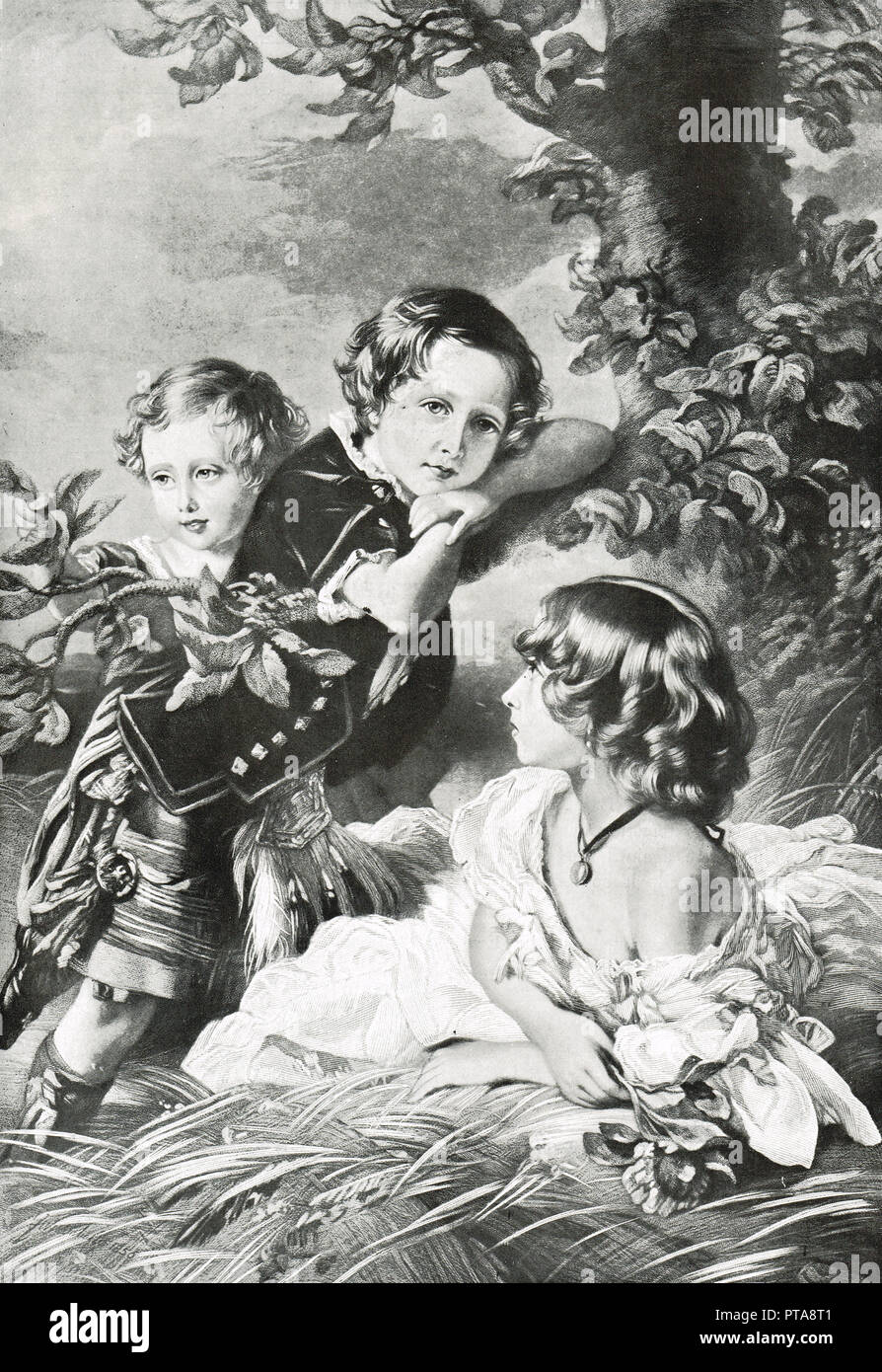La regina Victoria i bambini nel 1856, i figli della regina Vittoria e il principe Alberto, Principessa Louise, il principe Arthur e il Principe Leopoldo Foto Stock