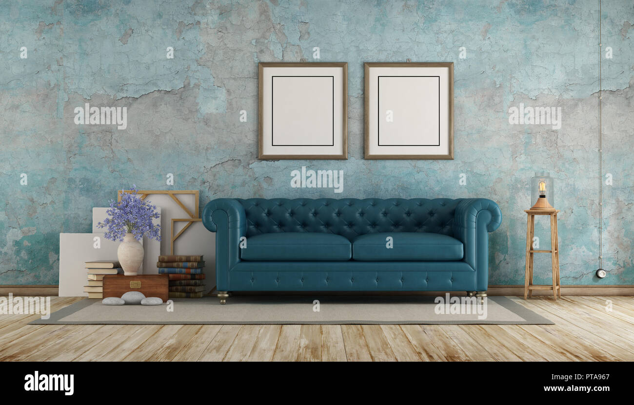 Camera retrò con blue calssic divano contro il vecchio muro - 3d rendering Foto Stock