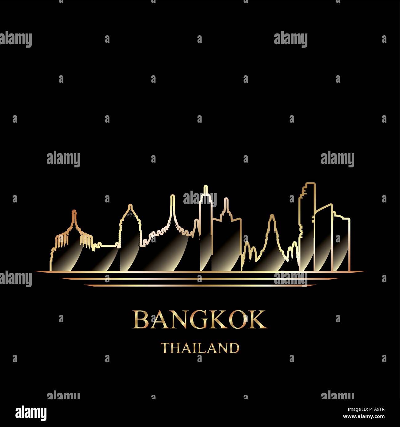 Silhouette di oro di Bangkok su sfondo nero illustrazione vettoriale Illustrazione Vettoriale