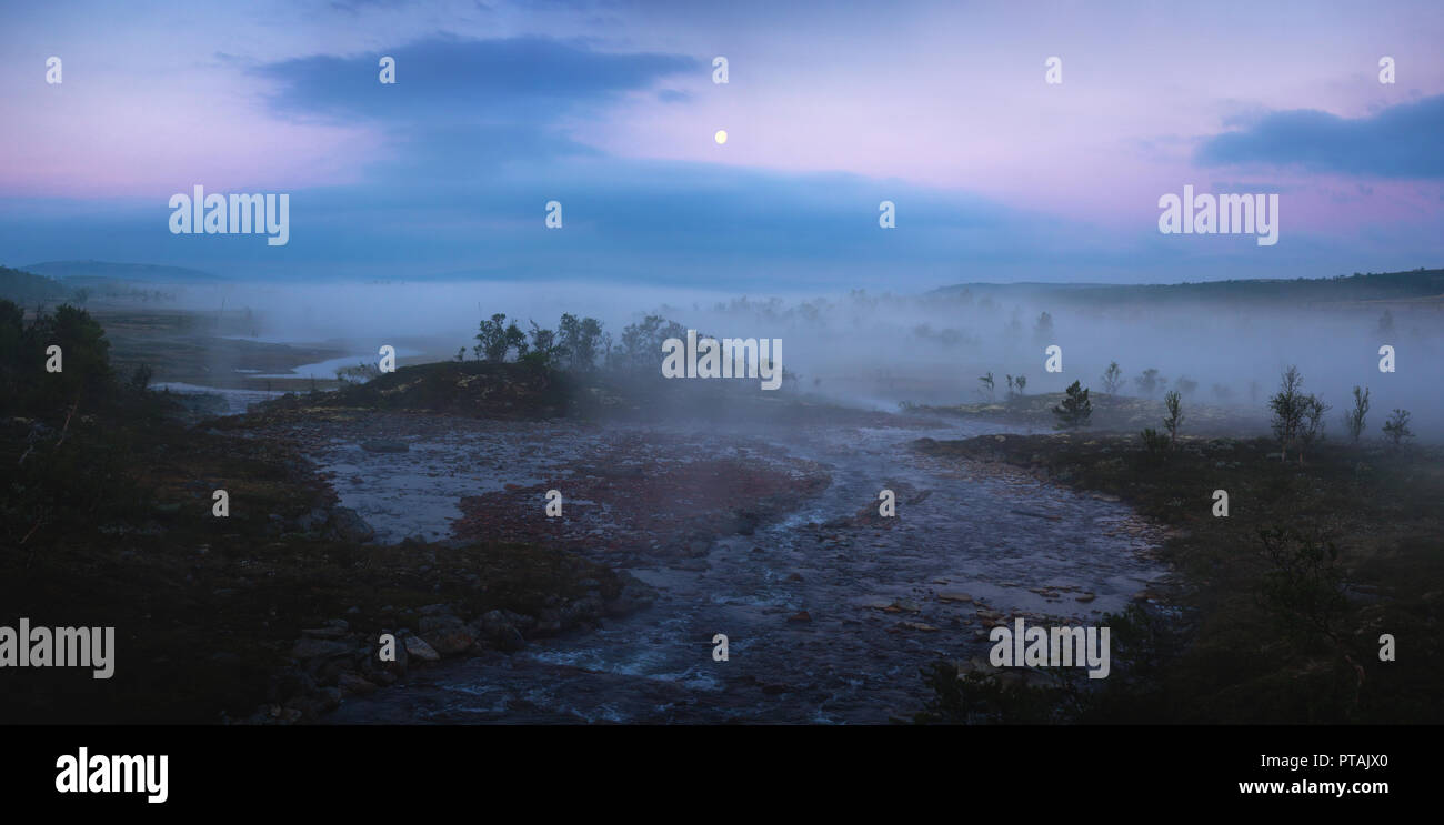 Una fantastica notte bianca con la nebbia e la luna piena. Nordgruvefeltet mining terreni vicino Glåmos, Norvegia. Foto Stock