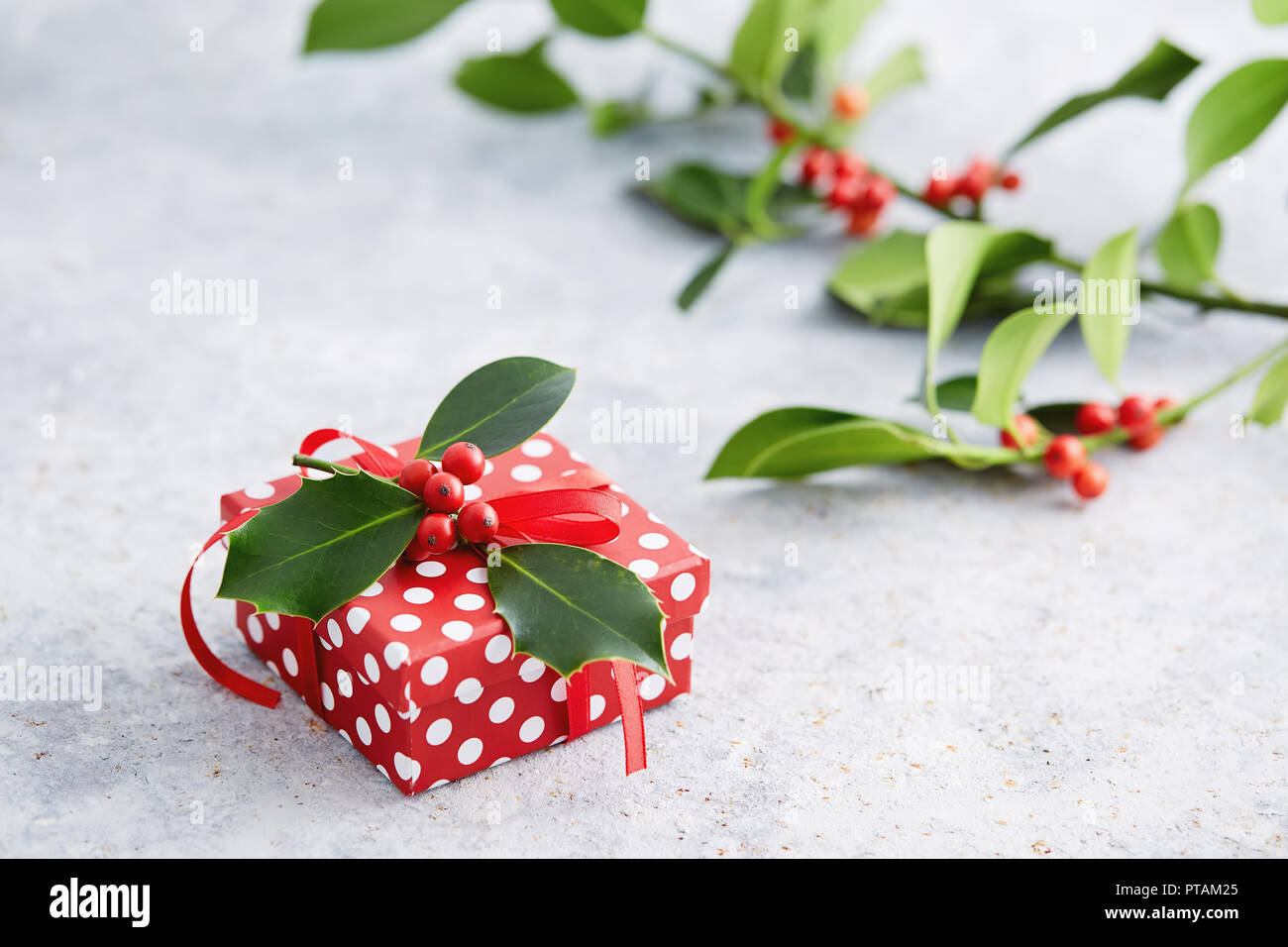 Regalo di natale avvolto con la polka dot paper, e decorate con agrifoglio bacche. Gift Wrapped in polka dot carta decorativa con nastro rosso. Foto Stock