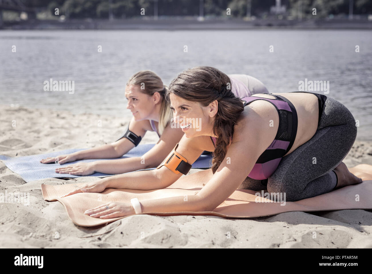 Positive le donne attive facendo esercizi sul materassino yoga Foto Stock