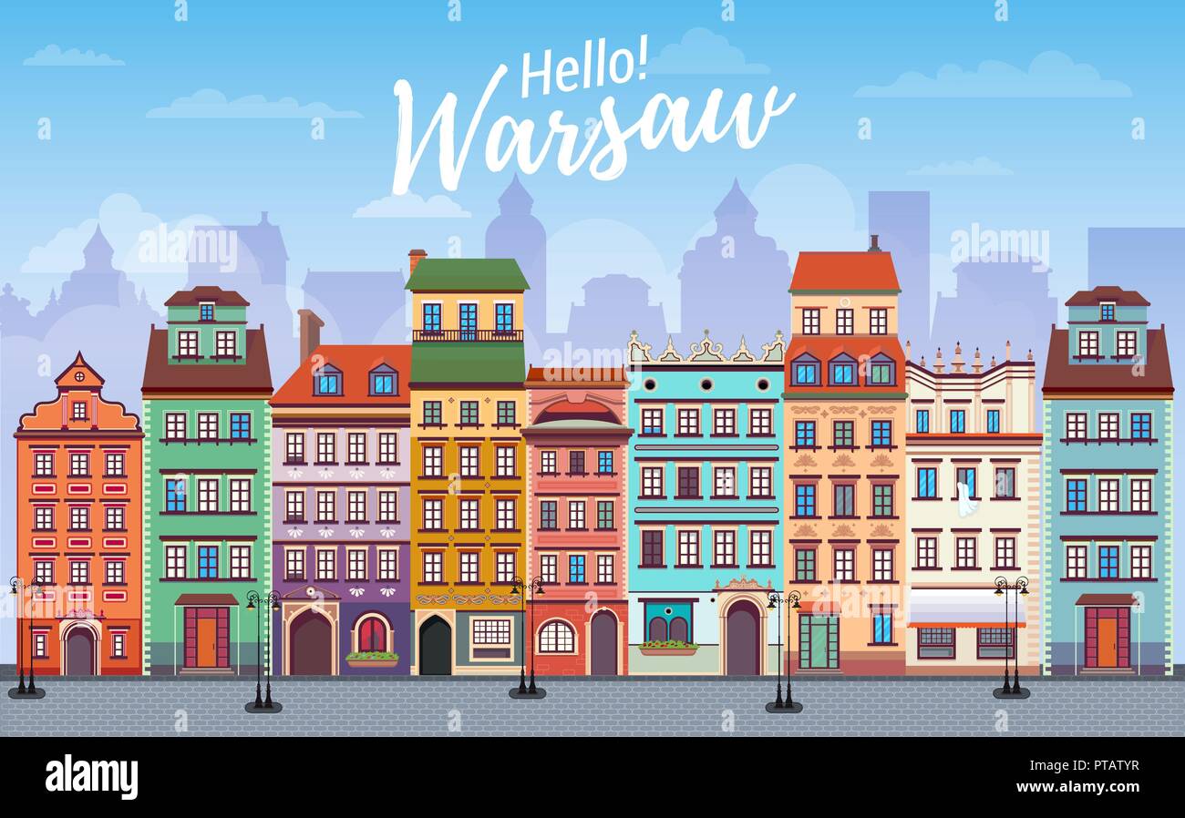 Varsavia cityscape banner in stile appartamento. Europa panoramica della città Illustrazione Vettoriale