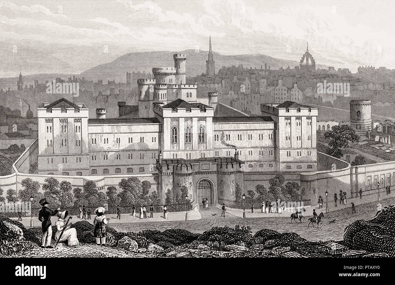 Il nuovo carcere, da Calton Hill, Edimburgo, Scozia, secolo XIX, dalla moderna Atene da Th. H. Pastore Foto Stock