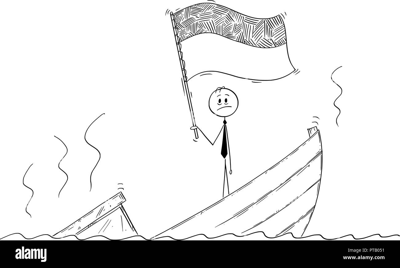 Cartoon di candidato in piedi premuto sulla barca di affondamento sventolare la bandiera della Repubblica di Indonesia o dell'Ucraina Illustrazione Vettoriale