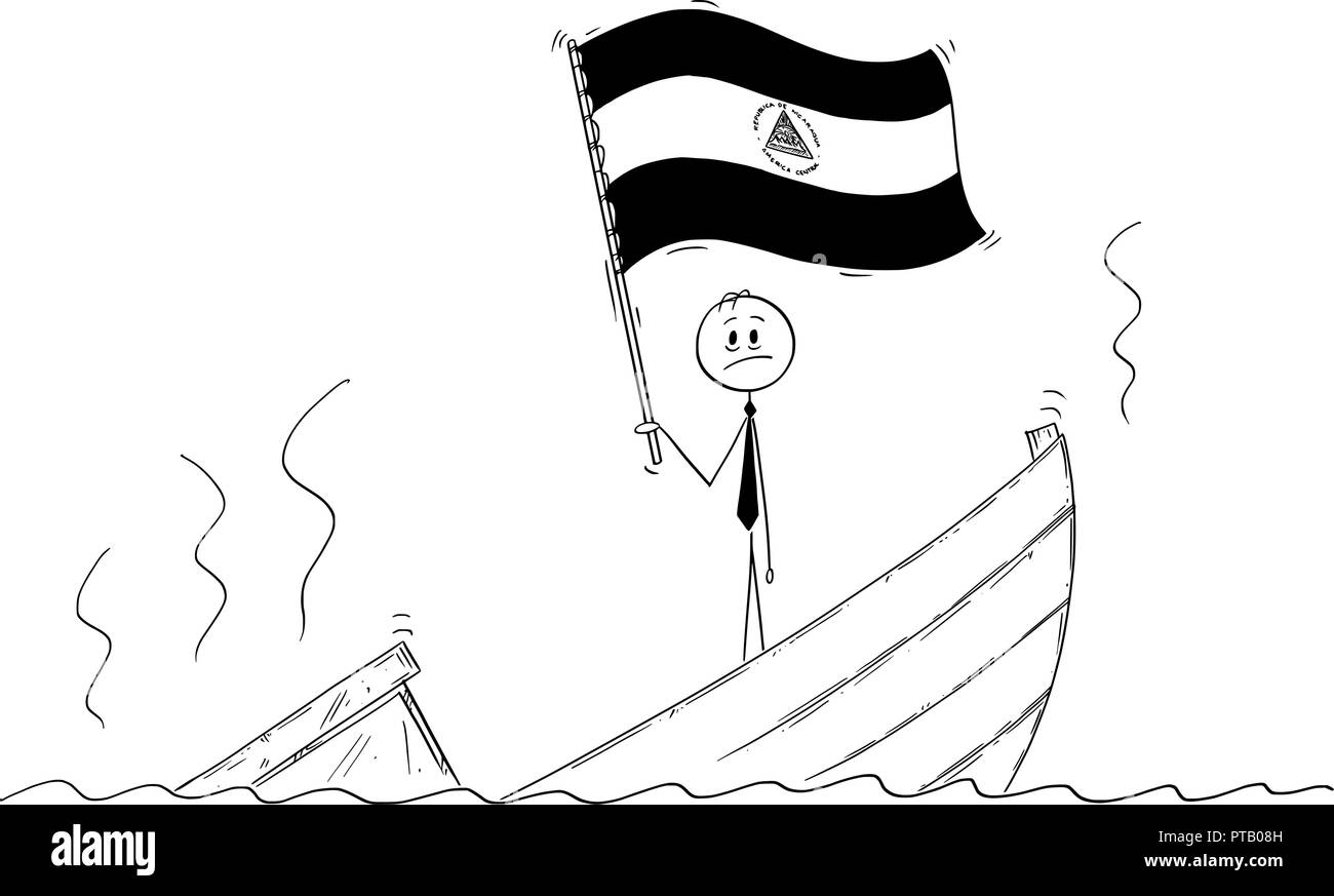 Cartoon di candidato in piedi premuto sulla barca di affondamento sventolare la bandiera della Repubblica di Nicaragua Illustrazione Vettoriale