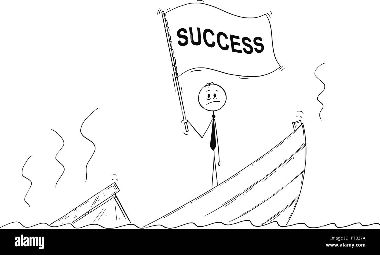 Cartoon di politico o imprenditore premuto permanente sulla barca di affondamento sventolare la bandiera con successo il testo Illustrazione Vettoriale