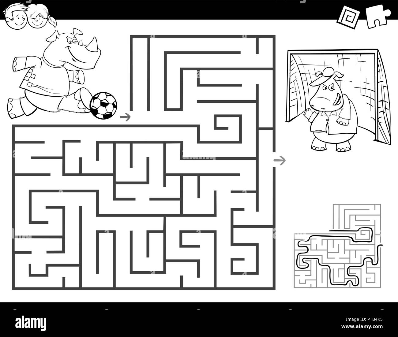 Bianco e Nero Cartoon illustrazione del labirinto di istruzione o attività a labirinto gioco per bambini con Rhino che giocano a calcio libro da colorare Illustrazione Vettoriale