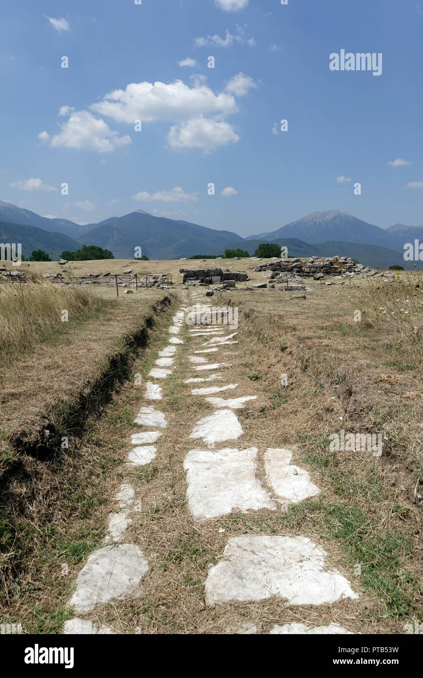Antico lastricato sentiero in pietra all'interno dell'Agorà, Mantineia, Arcadia, Peloponneso e Grecia. Il mitico fondatore della città fu Manitineas, il nipote o Foto Stock Antico lastricato sentiero in pietra all'interno dell'Agorà, Mantineia, Arcadia, Peloponneso e Grecia. Il mitico fondatore della città fu Manitineas, il nipote o Foto Stock