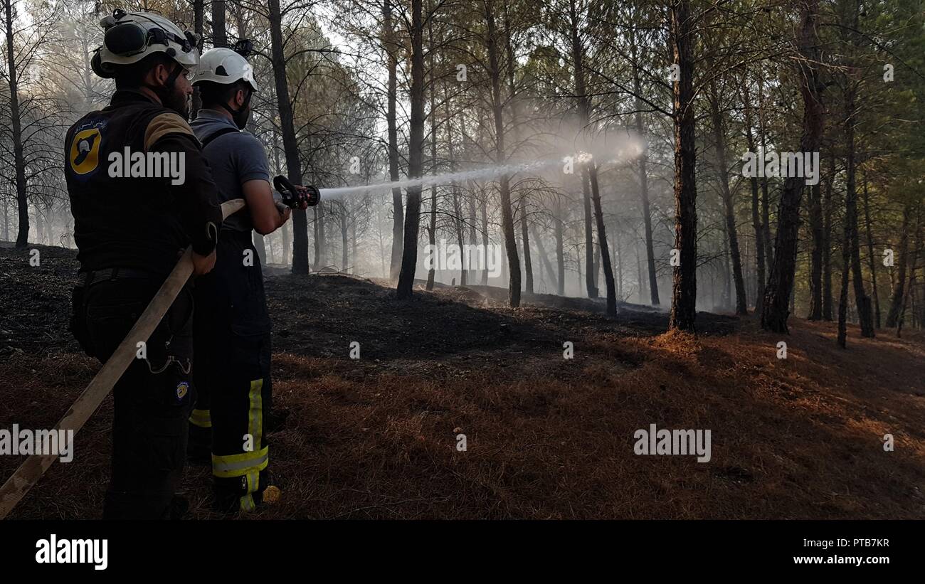 I volontari della Siria di Difesa Civile visto estinguere un incendio selvaggio nella foresta che è iniziato da motivi sconosciuto vicino Afrin nella Siria settentrionale. Foto Stock