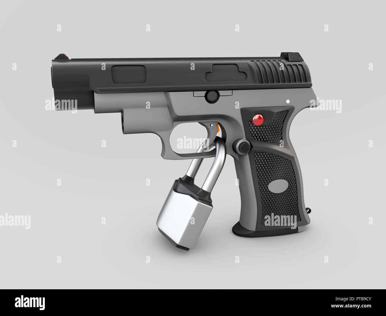 Il controllo dell'arma concetto. Pistola 3d illustrazione con lucchetto bloccando il trigger. Foto Stock