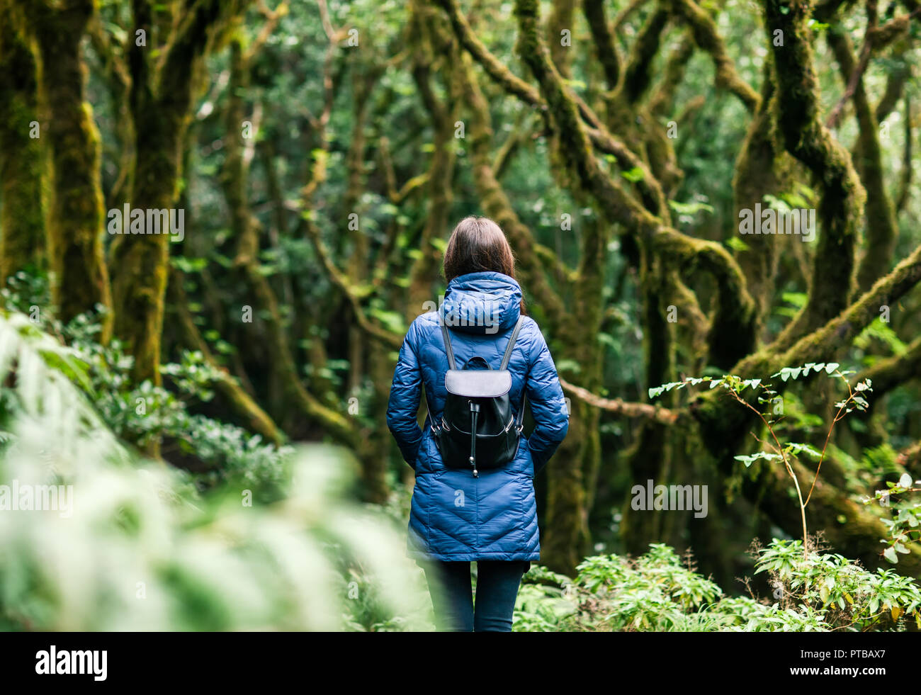 Giovane donna godere la natura in foresta laurel. Concetto di viaggio. Anaga Country Park, Riserva della Biosfera, Tenerife, Isole Canarie Foto Stock