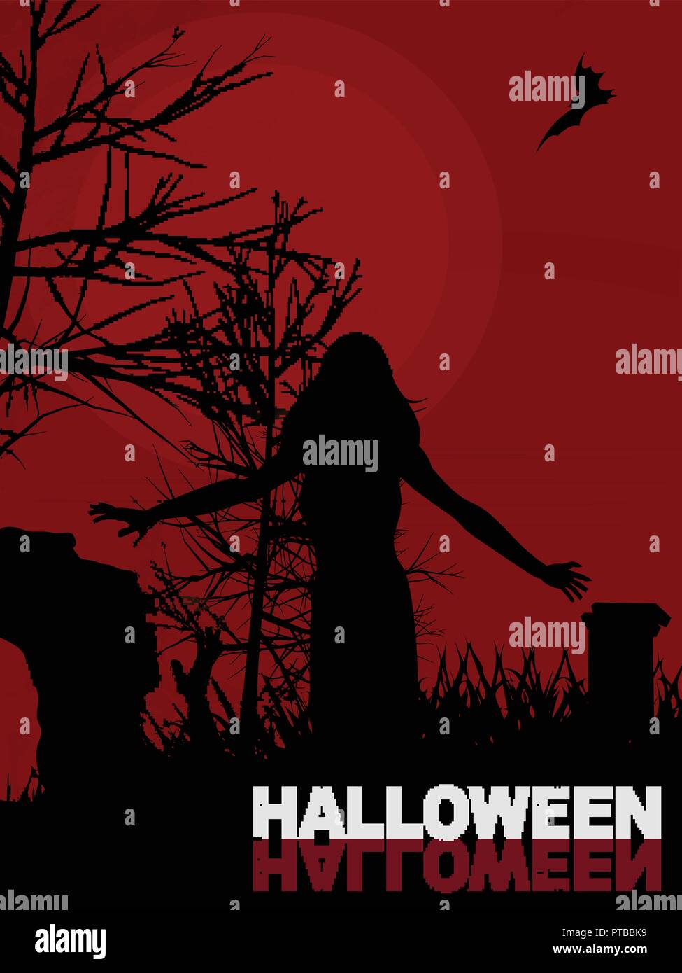 Rosso scuro dello sfondo di Halloween con femmina zombie Silhouette a camminare in un cimitero e testo decorativo Illustrazione Vettoriale