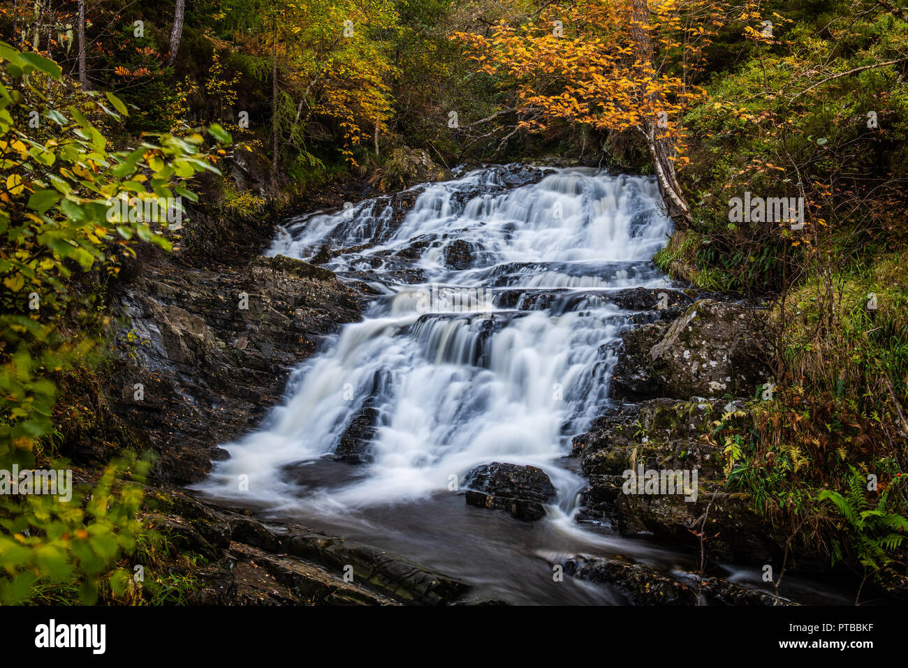 Piccole cascate sul Allt na Bodachan bruciare sopra il principale caduta in corrispondenza Plodda cade in Glen Affric con i colori dell'autunno in alberi Foto Stock