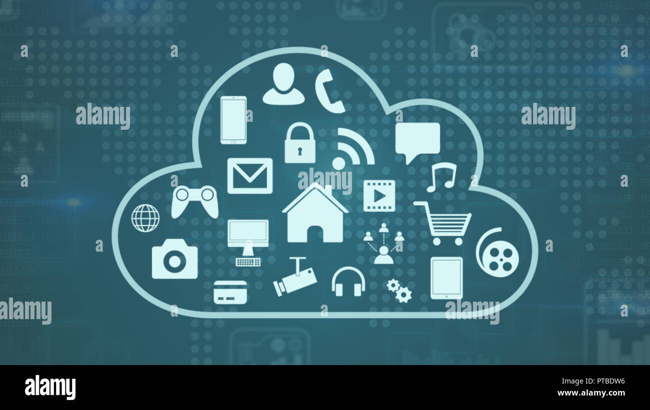Cloud stilizzata con le icone delle app al suo interno, il concetto di nuova tecnologia, iot, web e smart home Foto Stock