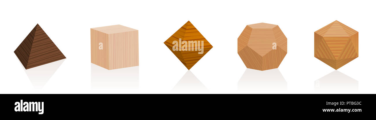 Solidi platonici. Parti in legno da diversi alberi. Lavori in legno geometrico set di campioni con vari colori, smalti, texture. Foto Stock