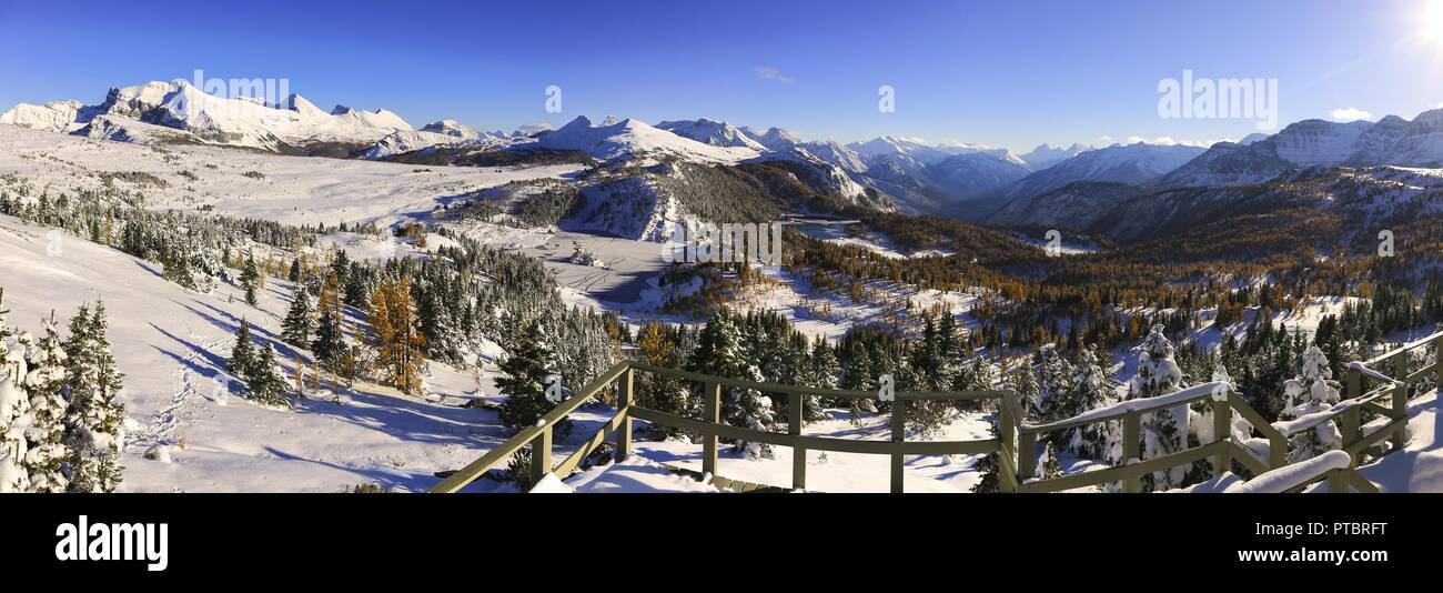 Ampio paesaggio panoramico di coperta di neve Sunshine Meadows e lontane vette dal punto di vista Standish nel Parco Nazionale di Banff Foto Stock
