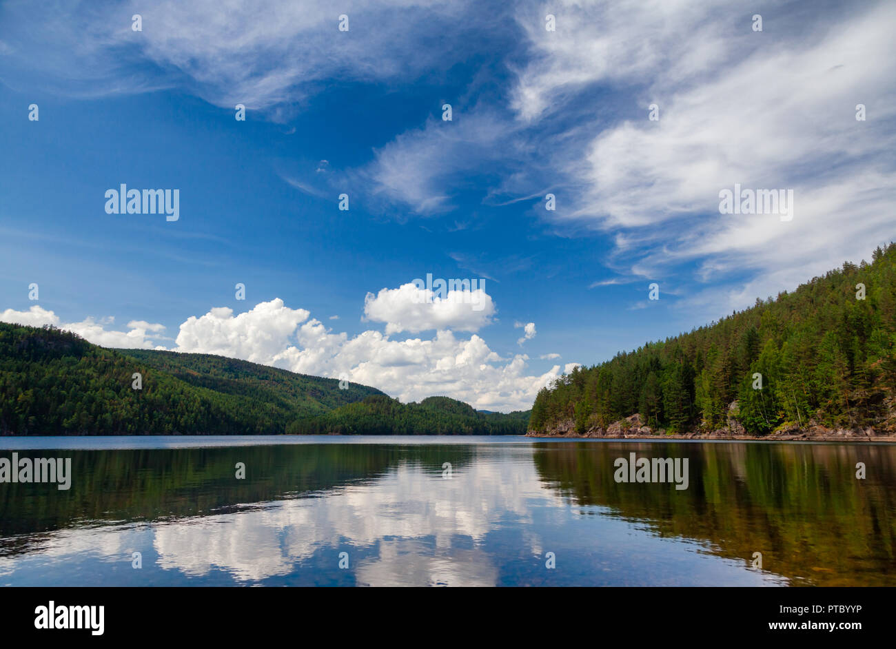 Luminosa giornata d'estate al Lago d'acqua dolce Langen nella contea di Telemark, Norvegia meridionale Foto Stock