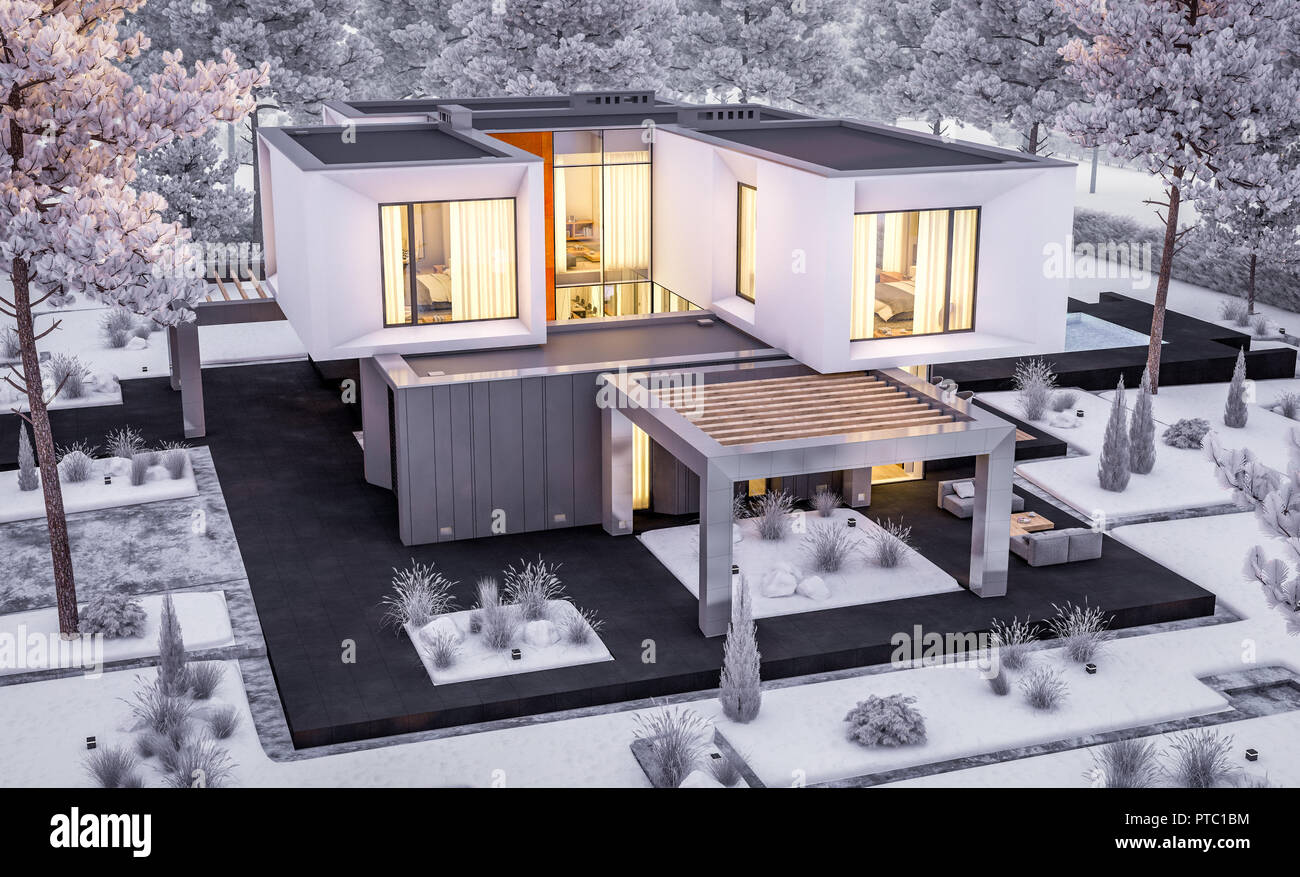 3D rendering del moderno accogliente casa con garage e giardino. Cool inverno sera con accogliente luce calda da Windows. In vendita o in affitto con bella bianca Foto Stock