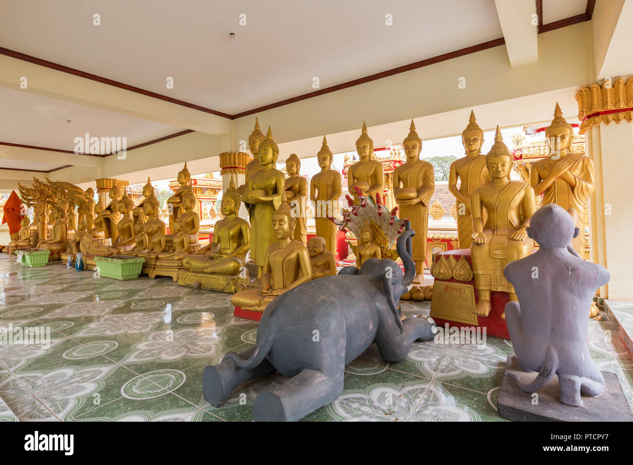 Due sculture di animali e molti dorare statue di Buddha al Wat That Luang Tai tempio di Vientiane, Laos. Foto Stock