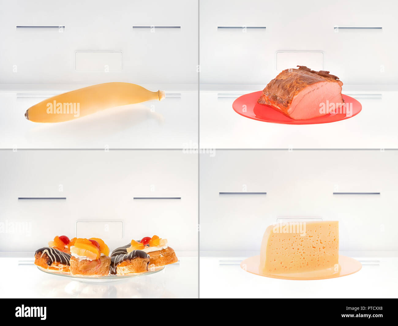 Diversi i cibi in frigorifero ripiano impostato. Prosciutto e formaggio, banana e una fetta di torta Foto Stock