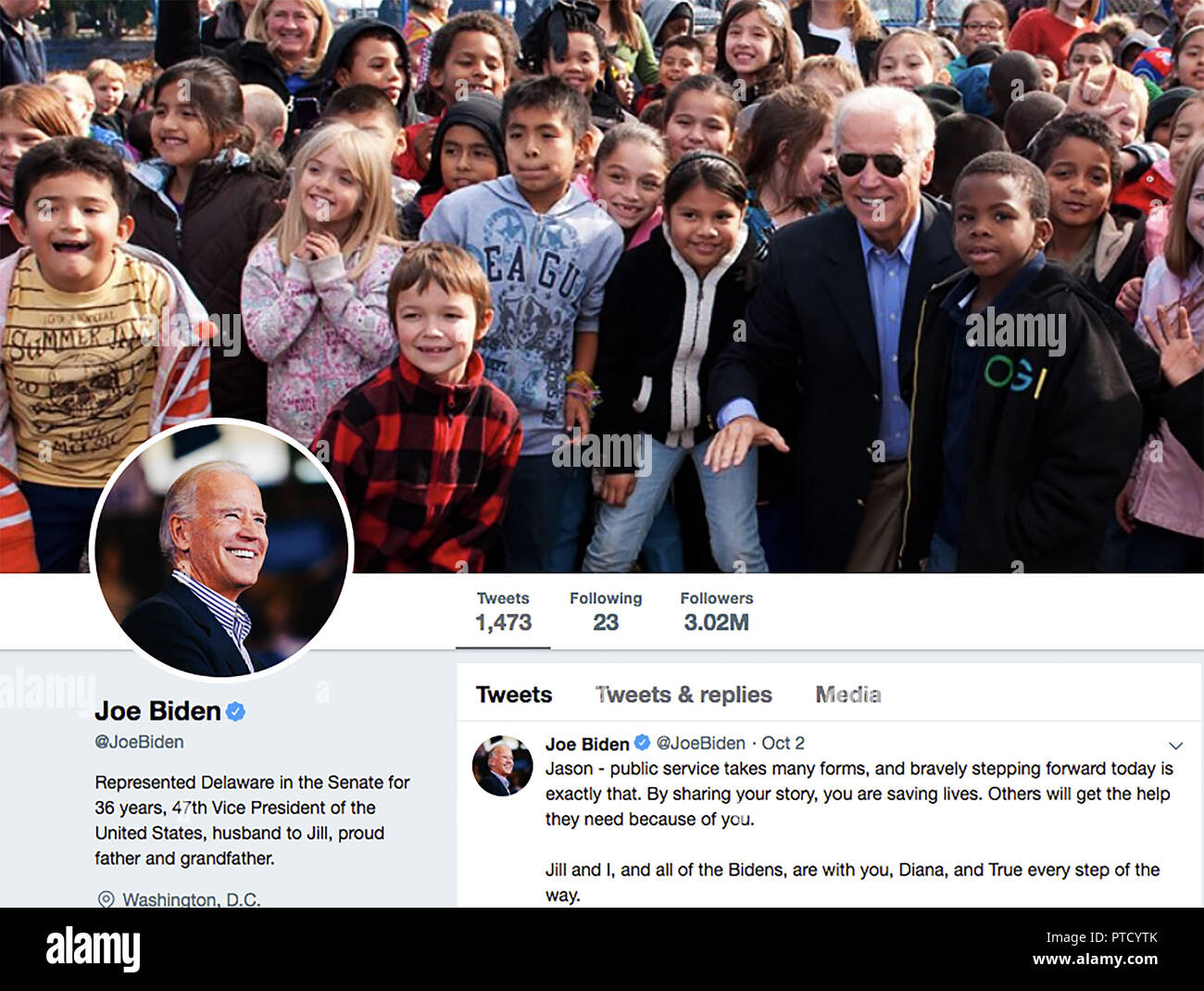 Pagina su Twitter per Joe Biden. Robinette Joseph Biden Jr è un uomo politico americano che ha servito come la quarantasettesima Vice Presidente degli Stati Uniti dal 2009 al 2017. Un membro del partito democratico ha rappresentato il Delaware come U.S. Il Senatore dal 1973 al 2009. Foto Stock