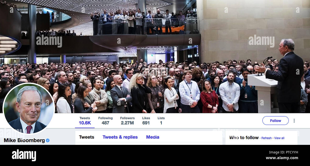 Pagina su Twitter per Mike Bloomberg. Michael Bloomberg Rubens è un imprenditore americano, politico, autore e filantropo. Nel giugno del 2018, il suo valore netto è stato stimato a $ 51,8 miliardi, facendo di lui il 8th-persona più ricchi negli Stati Uniti e l'undicesima persona più ricche al mondo. Foto Stock